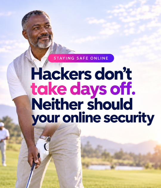 Staying Safe Online course poster featuring a golfer